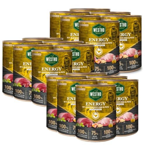 Nassfutter Energy Adult (18 x 800g) | 75% Black-Angus-Rind und Pute | Lebensmittelqualität | Getreidefrei | Für ausgewachsene Hunde | Premium Hundenassfutter mit extra viel Fleisch von Westho