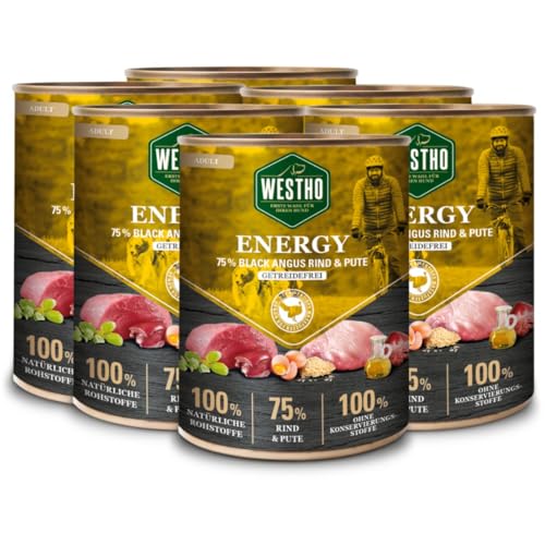 Nassfutter Energy (6 x 800g) | 75% Black-Angus-Rind & Pute in Lebensmittelqualität | Getreidefrei | Für ausgewachsene Hunde | Premium Hundenassfutter mit extra viel Fleisch von Westho