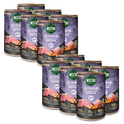 Hundefutter Nassfutter Junior (12 x 400g) | 75% Weidelamm und Pute in Lebensmittelqualität | Getreidefrei | Für Welpen und Junghunde Aller Rassen | Gesundes Wachstum von Westho