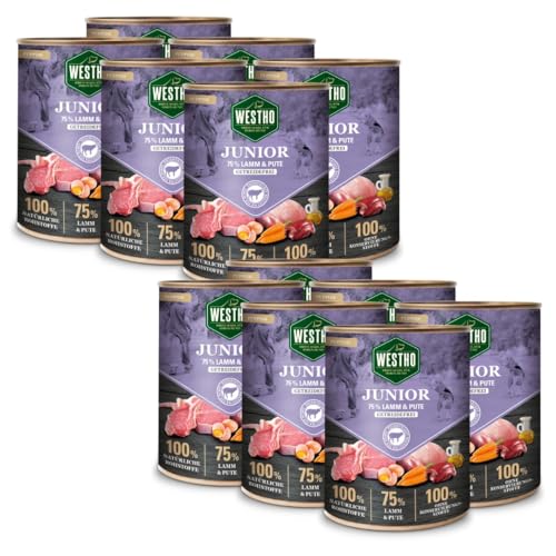 Hundefutter Nassfutter Junior (12 x 800g) | 75% Weidelamm und Pute in Lebensmittelqualität | Getreidefrei | Für Welpen und Junghunde Aller Rassen | Gesundes Wachstum von Westho