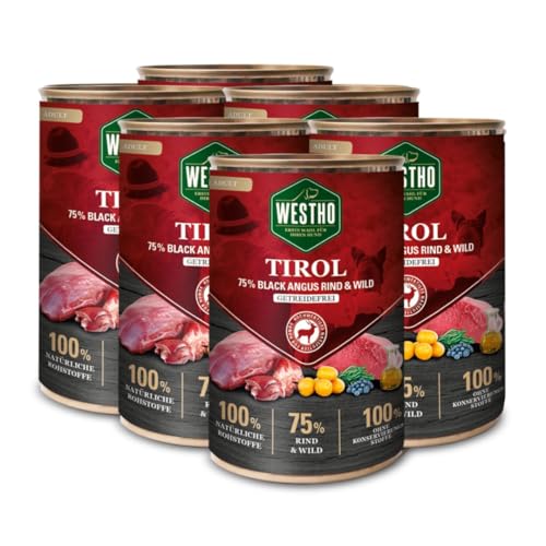 WESTHO Nassfutter Tirol (6 x 400 g) | 75% Black Angus Rind & Wild | Getreidefrei | Reich an Antioxidantien | Hohe biologische Wertigkeit | Premium Hundenassfutter mit extra viel Fleisch von Westho