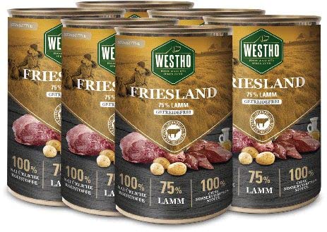 Westho Nassfutter Friesland Adult Senior Sensitive | 75% Weidelamm in Lebensmittelqualität | Getreidefrei | Für aktive Hunde jeder Rasse | Fettreduziert (Friesland, 6 x 400 g) von Westho