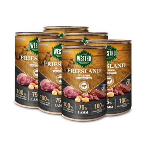 Westho Nassfutter Friesland Adult Senior Sensitive | 75% Weidelamm in Lebensmittelqualität | Getreidefrei | Für aktive Hunde jeder Rasse | Fettreduziert (Friesland, 6 x 400 g) von Westho