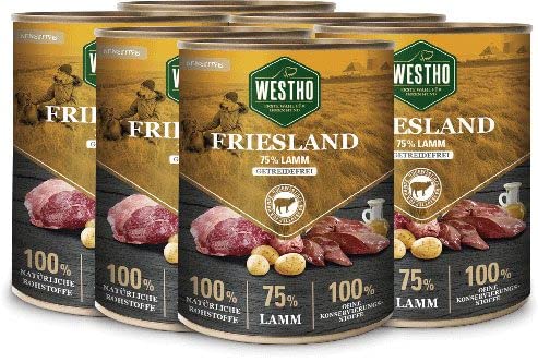 Westho Nassfutter Friesland Adult Senior Sensitive | 75% Weidelamm in Lebensmittelqualität | Getreidefrei | Für aktive Hunde jeder Rasse | Fettreduziert (Friesland, 6 x 800 g) von Westho