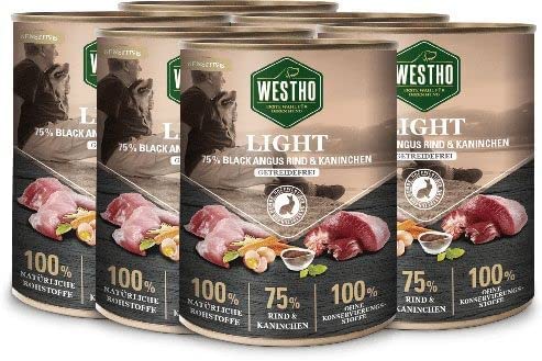 WESTHO Nassfutter Light | 75% Black Angus Rind & Kaninchen in Lebensmittelqualität | Getreidefrei | Für ältere und zu Übergewicht neigende Hunde (6 x 800 g) von Westho
