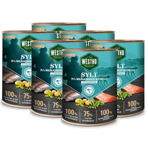 WESTHO Nassfutter Sylt Adult Senior (6 x 800 g) | 75% Wildlachs & Forelle | Getreidefrei | Zum Konditionsaufbau | Zur Haut und Fellpflege | Premium Hundenassfutter von Westho