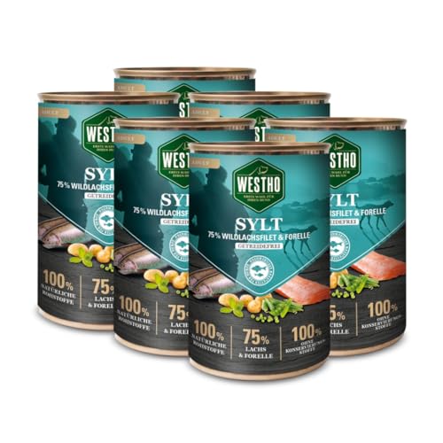 WESTHO Nassfutter Sylt Adult Senior (6 x 400 g) | 75% Wildlachs & Forelle | Getreidefrei | Zum Konditionsaufbau | Zur Haut und Fellpflege | Premium Hundenassfutter von Westho