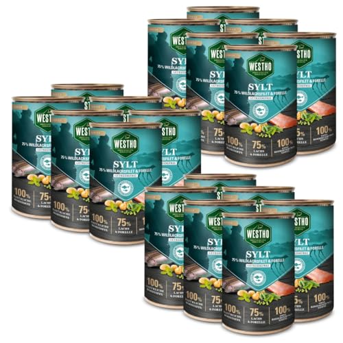 WESTHO Nassfutter Sylt Adult Senior (18 x 400 g) | 75% Wildlachs & Forelle | Getreidefrei | Zum Konditionsaufbau| Zur Haut und Fellpflege | Premium Hundenassfutter von Westho