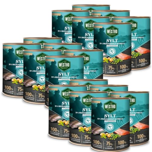 WESTHO Nassfutter Sylt Adult Senior (18 x 800 g) | 75% Wildlachs & Forelle | Getreidefrei | Zum Konditionsaufbau| Zur Haut und Fellpflege | Premium Hundenassfutter von Westho