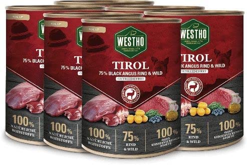 WESTHO Nassfutter Tirol (6 x 800 g) | 75% Black Angus Rind & Wild | Getreidefrei | Reich an Antioxidantien | Premium Hundenassfutter mit extra viel Fleisch von Westho