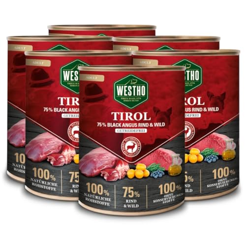 WESTHO Nassfutter Tirol (6 x 800 g) | 75% Black Angus Rind & Wild | Getreidefrei | Reich an Antioxidantien | Premium Hundenassfutter mit extra viel Fleisch von Westho