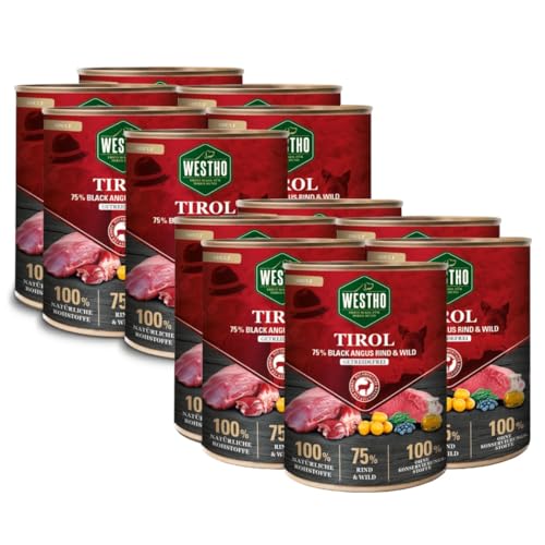 WESTHO Nassfutter Tirol (12 x 800 g) | 75% Black Angus Rind & Wild | Getreidefrei | Reich an Antioxidantien| Hohe biologische Wertigkeit | Premium Hundenassfutter | Extra viel Fleisch von Westho