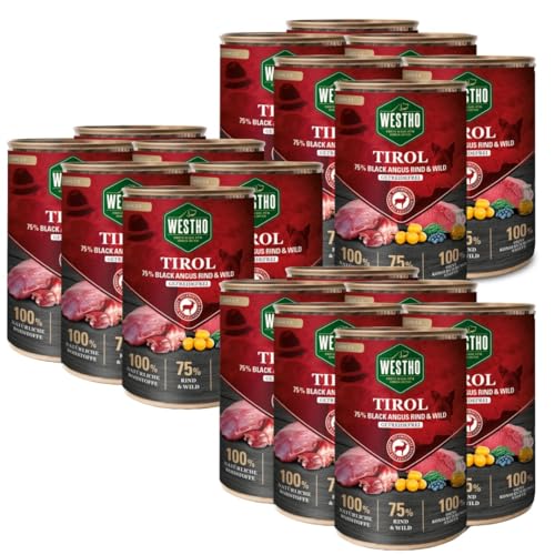 WESTHO Nassfutter Tirol (18 x 400 g) | 75% Black Angus Rind & Wild | Getreidefrei | Reich an Antioxidantien| Hohe biologische Wertigkeit | Premium Hundenassfutter | Extra viel Fleisch von Westho