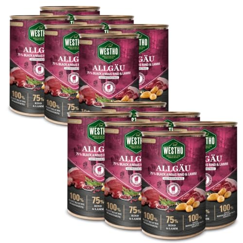 Westho Nassfutter Allgäu Adult Senioren (12 x 400 g) | 75% Black-Angus-Rind und Lamm | Getreidefrei | Hundefutter für aktive Hunde jeder Rasse | Reich an Antioxidantien von Westho