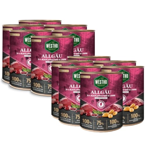 Westho Nassfutter Allgäu Adult Senioren (12 x 800 g) | 75% Black-Angus-Rind und Lamm | Getreidefrei | Hundefutter für aktive Hunde jeder Rasse | Reich an Antioxidantien von Westho