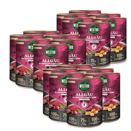 Westho Nassfutter Allgäu Adult Senioren (18 x 400 g) | 75% Black-Angus-Rind und Lamm | Getreidefrei | Hundefutter für aktive Hunde jeder Rasse | Reich an Antioxidantien von Westho