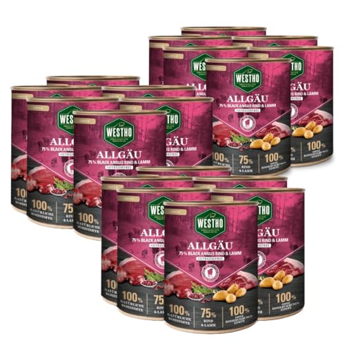 Westho Nassfutter Allgäu Adult Senioren (18 x 800 g) | 75% Black-Angus-Rind und Lamm | Getreidefrei | Hundefutter für aktive Hunde jeder Rasse | Reich an Antioxidantien von Westho