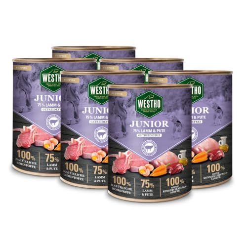 Hundefutter Nassfutter Junior (6 x 800g) | 75% Weidelamm und Pute in Lebensmittelqualität | Getreidefrei | Für Welpen und Junghunde Aller Rassen | Gesundes Wachstum von Westho