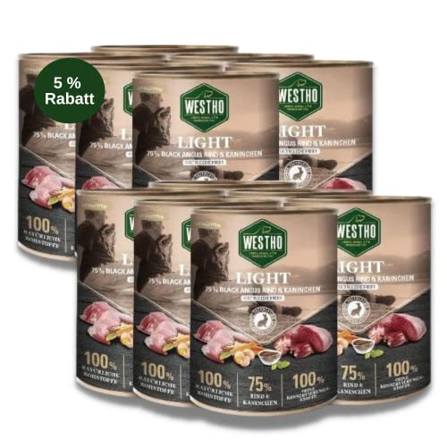 Westho Nassfutter Light (12 x 800g) | 75% Black Angus Rind & Kaninchen in Lebensmittelqualität | Getreidefrei | Für ältere und zu Übergewicht neigende Hunde von Westho