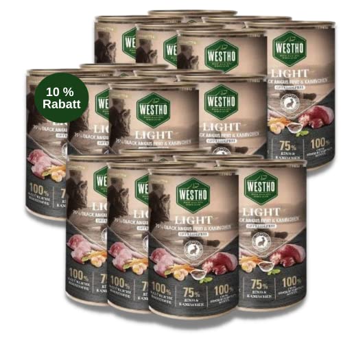 Westho Nassfutter Light (18 x 400g) | 75% Black Angus Rind & Kaninchen in Lebensmittelqualität | Getreidefrei | Für ältere und zu Übergewicht neigende Hunde von Westho