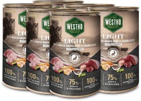 Westho Nassfutter Light (6 x 400g) | 75% Black Angus Rind & Kaninchen in Lebensmittelqualität | Getreidefrei | Für ältere und zu Übergewicht neigende Hunde von Westho
