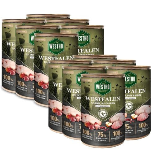 Westho Nassfutter Westfalen (12 x 400g) | 75% WILDENTE, PUTE & Huhn | Getreidefrei | Leicht verdaulich und bekömmlich| Schonkost von Westho