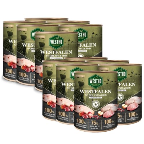 Westho Nassfutter Westfalen (12 x 800g) | 75% WILDENTE, PUTE & Huhn | Getreidefrei | Leicht verdaulich und bekömmlich| Schonkost von Westho