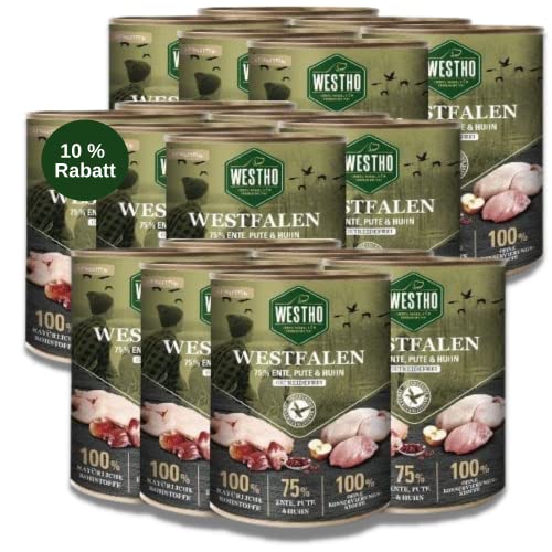 Westho Nassfutter Westfalen (18 x 800g) | 75% WILDENTE, PUTE & Huhn | Getreidefrei | Leicht verdaulich und bekömmlich| Schonkost von Westho
