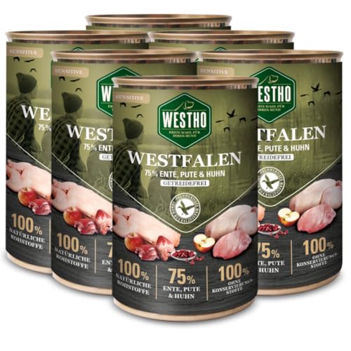 Westho Nassfutter Westfalen (6 x 400g) | 75% WILDENTE, PUTE & Huhn | Getreidefrei | Leicht verdaulich und bekömmlich| Schonkost von Westho