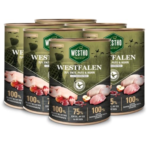 Westho Nassfutter Westfalen (6 x 800g) | 75% WILDENTE, PUTE & Huhn | Getreidefrei | Leicht verdaulich und bekömmlich| Schonkost von Westho