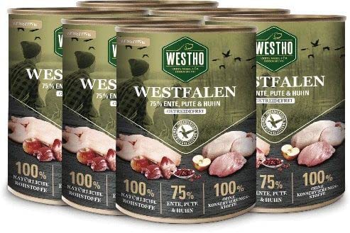 Westho Nassfutter Westfalen (6 x 800g) | 75% WILDENTE, PUTE & Huhn | Getreidefrei | Leicht verdaulich und bekömmlich| Schonkost von Westho