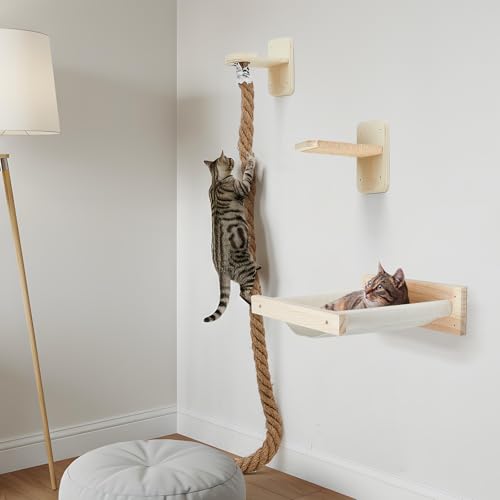 Weysat 3 x Wandregale für Katzen mit 1,5 m Kletterseilstufen und 40 x 30 cm Katzenbett, Kätzchenbaum, Kratzseil, Kletterturm, Wandregale, Sitzstange, Haustiermöbel zum Spielen von Weysat