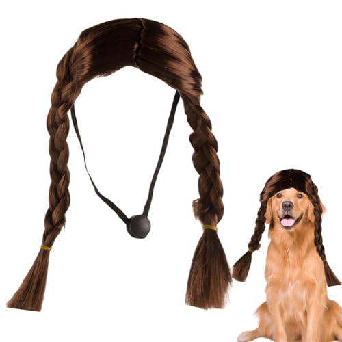 Wezalget Langhaar-Haustier-Perücke, Hunde-Perücke-Kostüm - Katzenperücke, doppelter Langer Zopf - Lustige Haustier-Perücke für Halloween, Weihnachten, Partys, Festivals, Hunde-Kunsthaar für kleine, von Wezalget