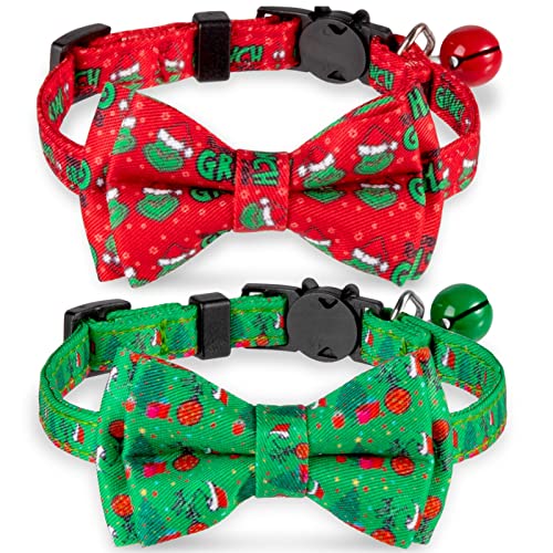 Whaline 2 Stück Weihnachts-Katzenhalsband, Haustier-Fliege-Halsband mit Glocke, verstellbare Fliege, Halsband für Katzen, Kätzchen, Welpen, kleine Hunde von Whaline