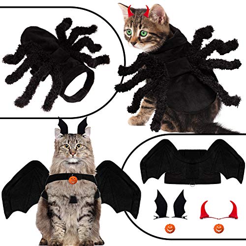 Whaline Halloween-Kostüm für Haustiere, lustige Bekleidung inklusive Fledermausflügel, Spinnen-Kleidung, Fledermaus-Haarnadel, kleines Teufelshorn-Haarnadel, Kürbisglocke Hunde, Welpen, Katzen, Party von Whaline