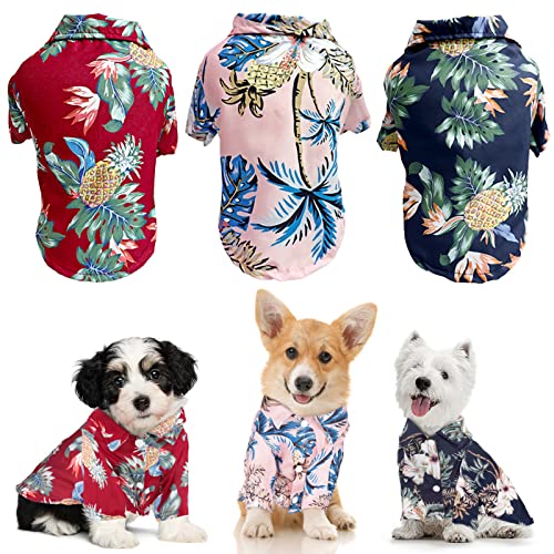 Whaline Hawaii-Hunde-Shirts, atmungsaktiv, Chiffon, Sommerhund, Ananas, Kokosnussbaum-Muster, Haustierbekleidung, Strand, kurzärmelig, Anzug für kleine mittelgroße Hunde (rot, pink), 3 Stück von Whaline