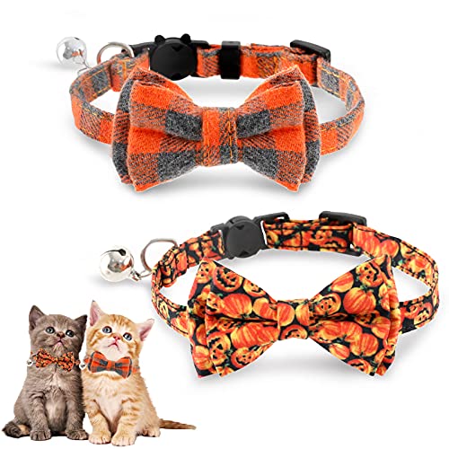 Whaline Katzenhalsband, 2 Stück, für Halloween, mit Fliege, mit orangefarbenem Büffelkariert, gruseliges Kürbismuster, verstellbare Katzenhalsbänder für kleine Katzen und Hunde von Whaline