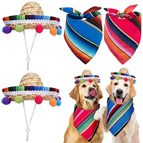 Whaline Mexikanisches Serape-Hunde-Kostüm-Set, Cinco De Mayo, buntes Hundehalstuch und Sombrero-Hut mit Filz-Pom-Ball, mexikanische Fiesta-Party, Haustier-Zubehör für Karneval, Party, Katze, 4 Stück von Whaline