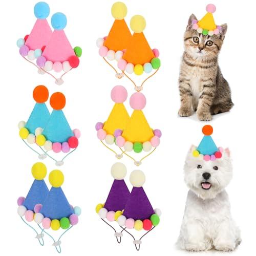 Whaline Mini-Partyhüte für Stofftiere, bunte Haustier-Geburtstagshüte, verstellbare Filz-Kegelkrone mit Pompons für Puppe, Hund, Katze, Kaninchen, Kostüm, Zubehör, 12 Stück von Whaline