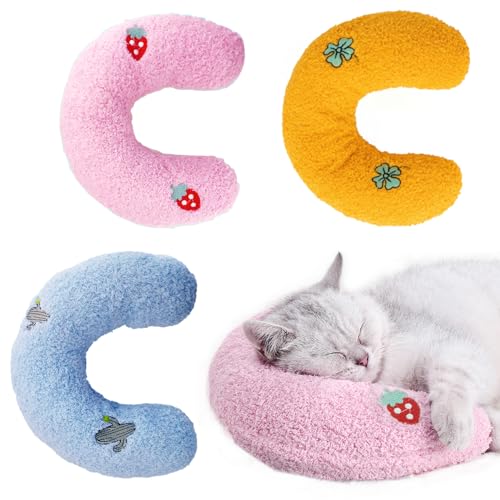 Whimsicalfox Katzenkissen für Indoor-Katzen, ultraweiches, flauschiges Katzen-Kissen, halber Donut-Kuscheltier mit niedlichem Stickmuster, unterstützt den Hals des Haustiers, maschinenwaschbar von Whimsicalfox