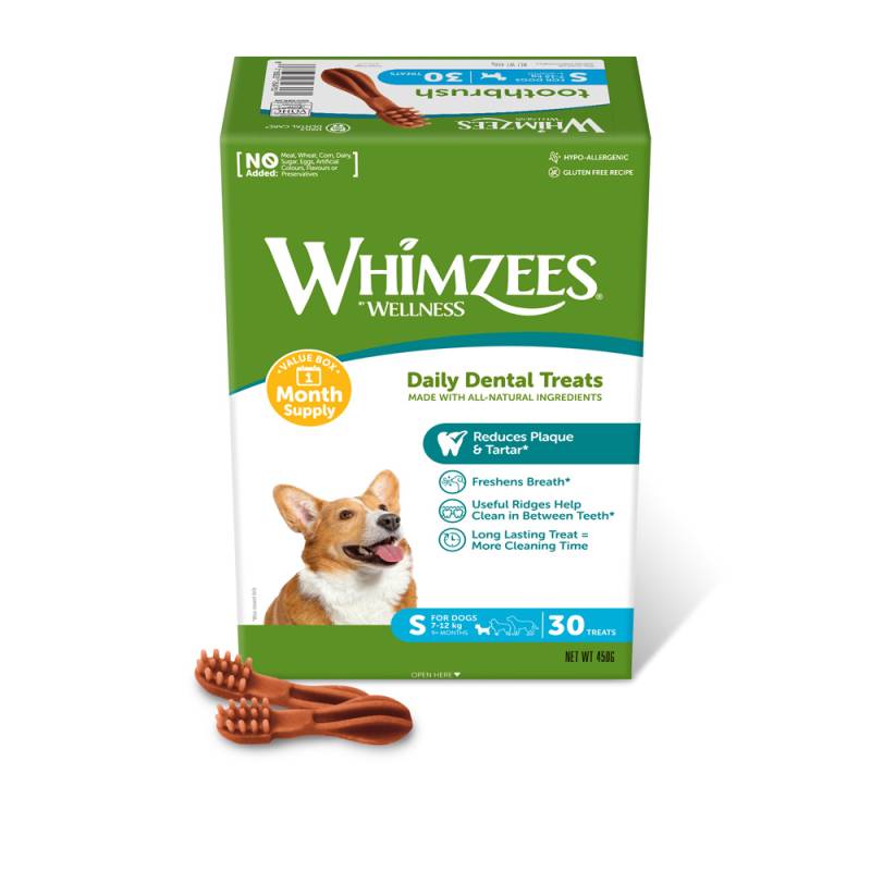 Whimzees by Wellness Monthly Toothbrush Box - Größe S: für kleine Hunde (450 g, 30 Stück) von Whimzees