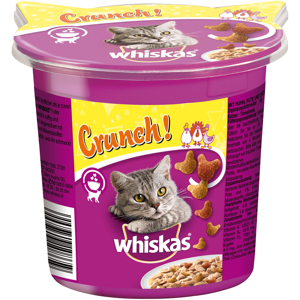 2 + 1 gratis! 3 x Whiskas Snacks - Crunch: mit Huhn, Truthahn & Ente (15 x 100 g) von Whiskas