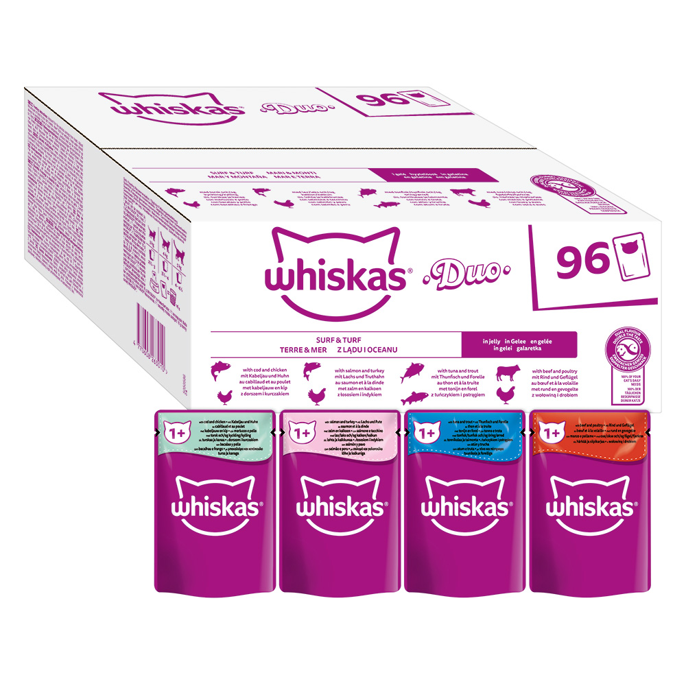 Jumbopack WHISKAS DUO Portionsbeutel 96 x 85 g - Surf & Turf in Gelee von Whiskas