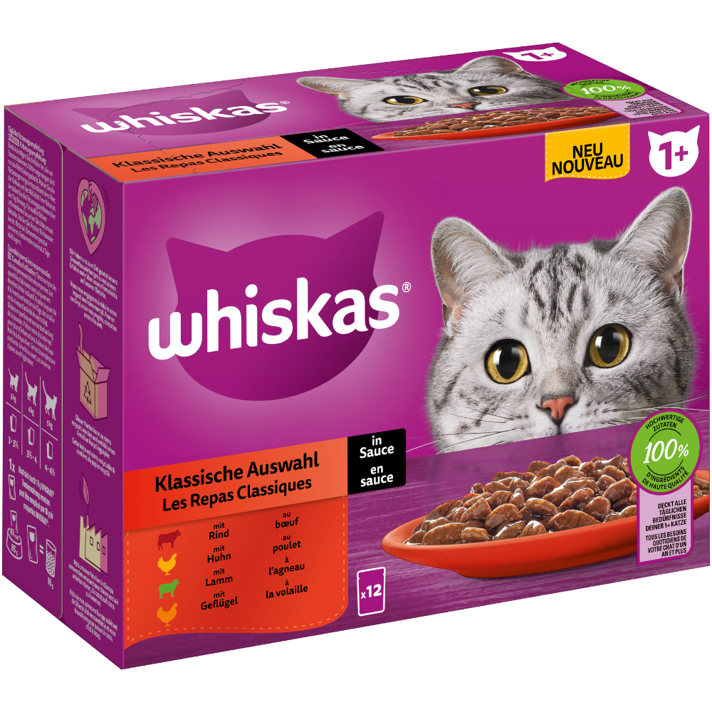 Multipack Whiskas 1+ Adult Frischebeutel 12 x 85 g - Klassische Auswahl in Sauce von Whiskas