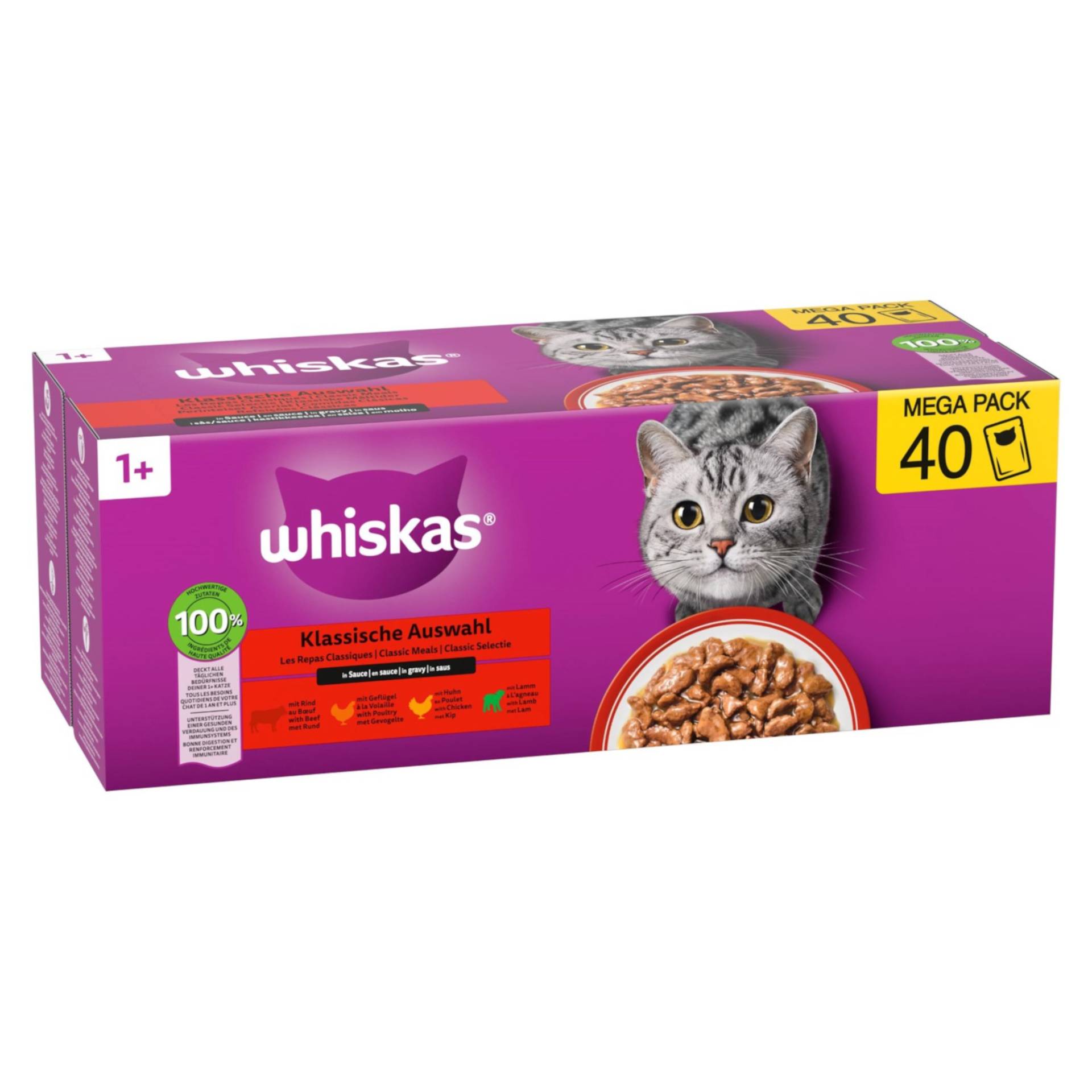 Whiskas 1+ Adult Frischebeutel 40 x 85 g - Klassische Auswahl in Sauce (4 Sorten) von Whiskas