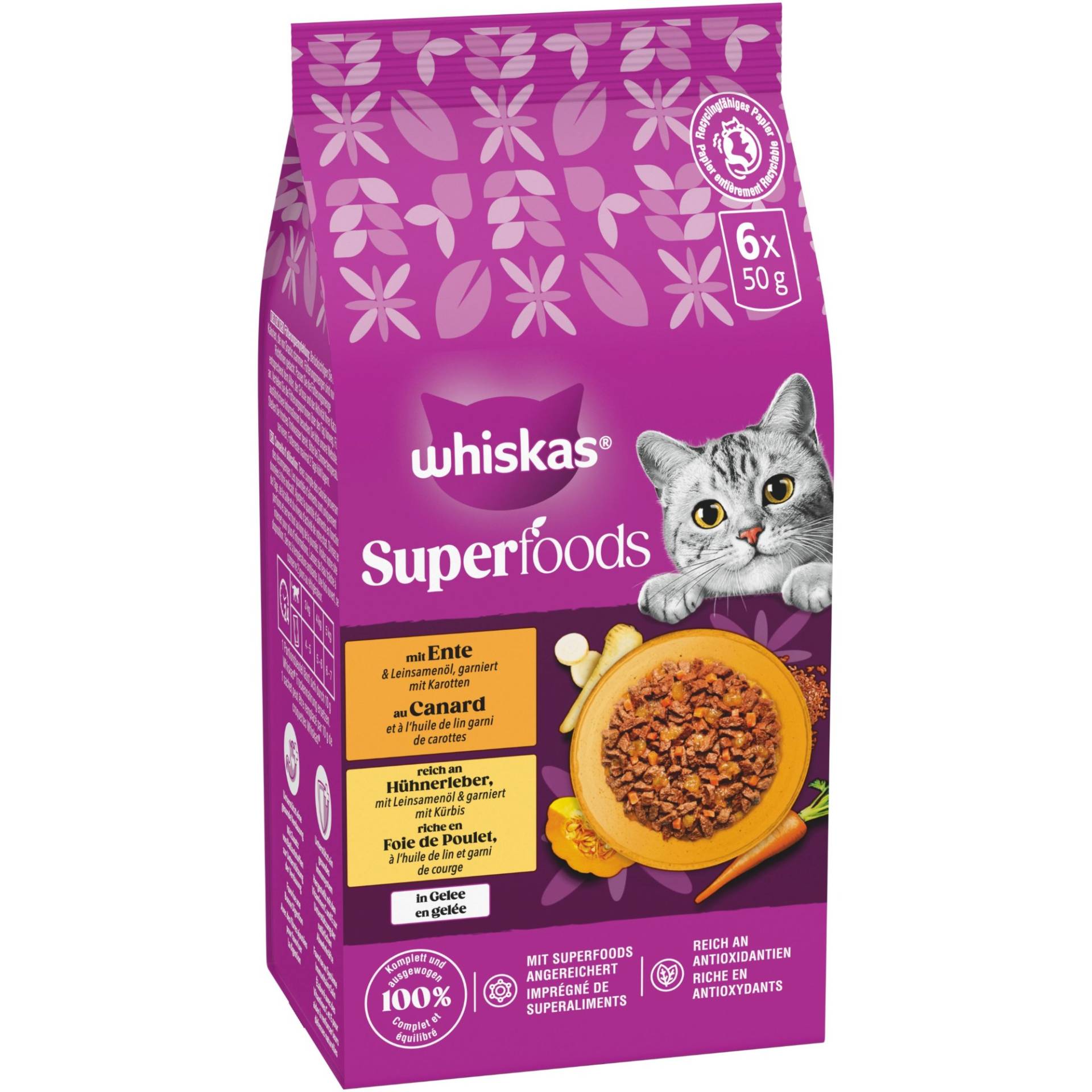 Whiskas 1+ Superfoods Gemischte Auswahl in Gelee 6 x 50 g - Ente & Hühnerleber Whiskas 1+ Superfoods Gemischte Auswahl in Gelee 6 x 50 g - Ente & Hühnerleber von Whiskas