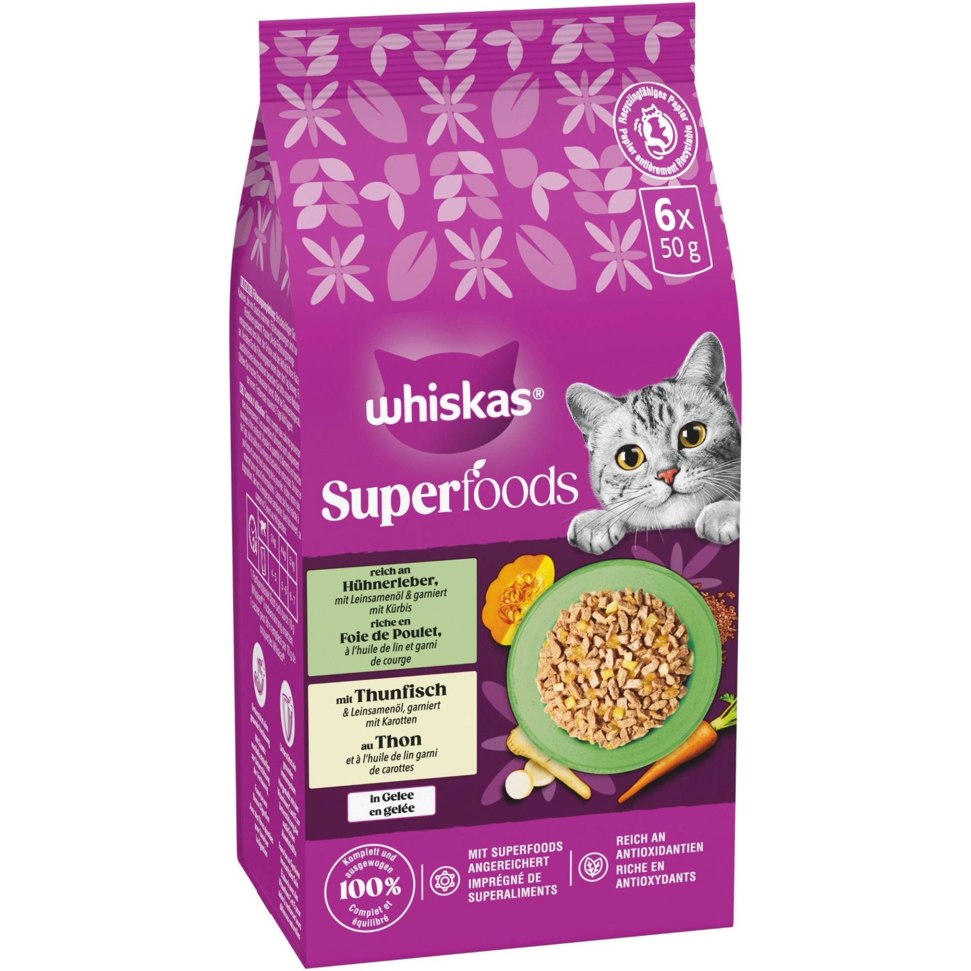 Whiskas 1+ Superfoods Gemischte Auswahl in Gelee 6 x 50 g - Hühnerleber & Thunfisch Whiskas 1+ Superfoods Gemischte Auswahl in Gelee 6 x 50 g - Hühnerleber & Thunfisch von Whiskas