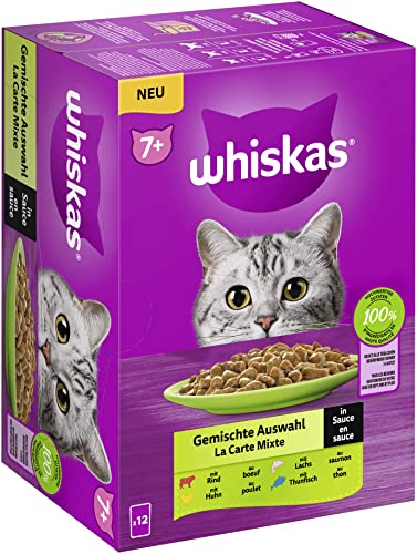 Whiskas 7+ Katzennassfutter – Gemischte Auswahl in Sauce, 12x85g (1 Packung) – Hochwertiges Feuchtfutter in 12 Portionsbeuteln für Katzen ab 7 Jahren und älter von Whiskas