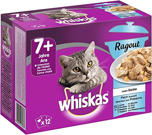 Whiskas 7 + Katzenfutter Ragout – Fisch-Auswahl in Gelee – Hochwertiges Katzenfutter ab 7 Jahren und älter – Für den Erhalt der Agilität – 48 Portionsbeutel à 85g von Whiskas