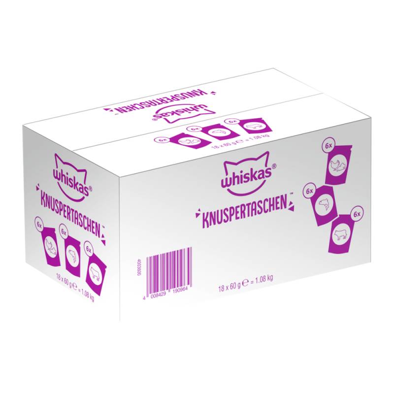 Whiskas Knuspertaschen Mixkarton - 3 Varianten: Huhn & Käse, Rind, Lachs (18 x 60 g) von Whiskas